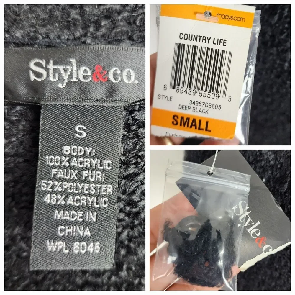 Style & Co Black Faux Fur Vest Sweater Open Front Cardigan Sleeveless Jacket S - Picture 2 of 16